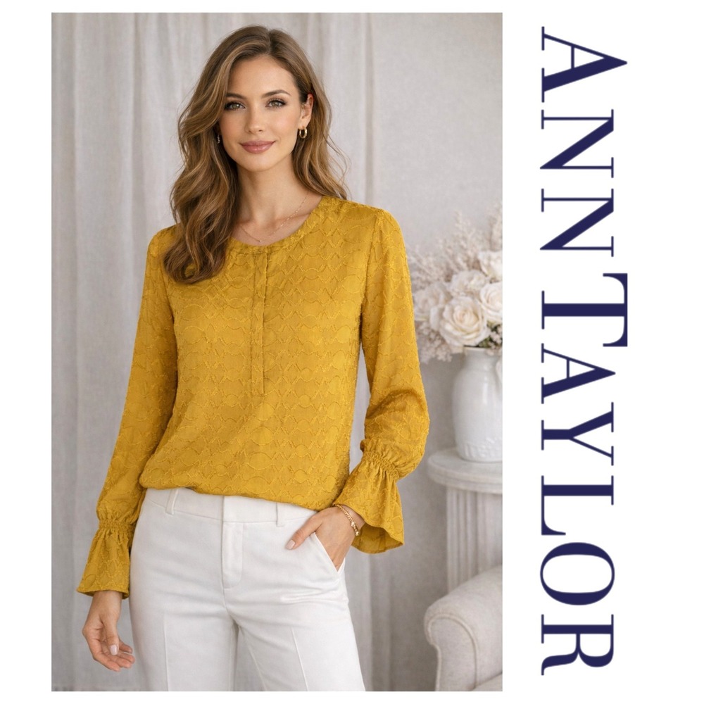 Ann Taylor Mustard Yellow Chiffon Textured Geo Flounce Cuff Blouse Size M